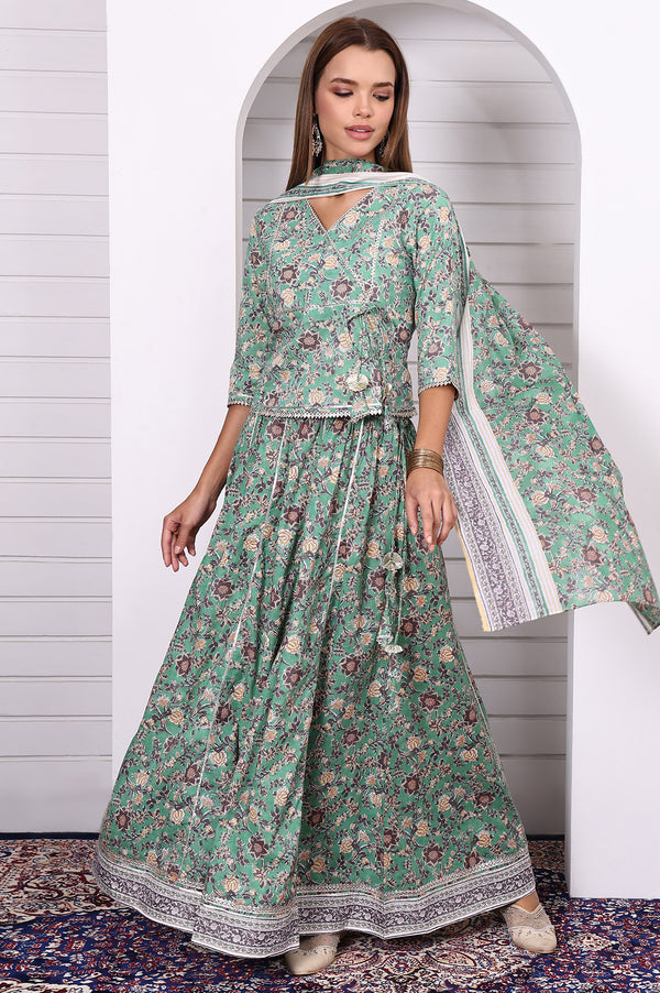Green Floral Printed Lace Pure Cotton Straight Top, Skirt and Stole Set