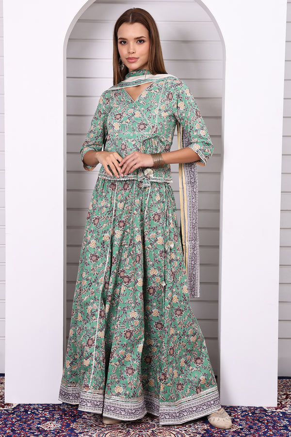 Green Floral Printed Lace Pure Cotton Straight Top, Skirt and Stole Set
