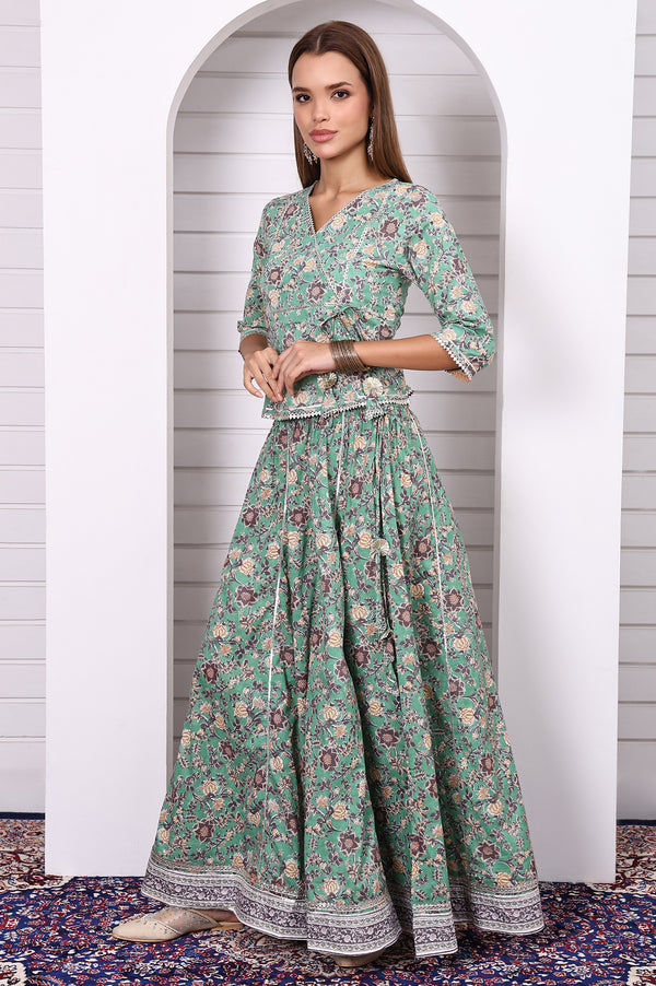 Green Floral Printed Lace Pure Cotton Straight Top, Skirt and Stole Set