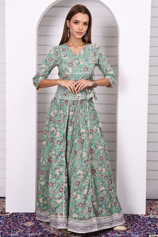 Green Floral Printed Lace Pure Cotton Straight Top, Skirt and Stole Set