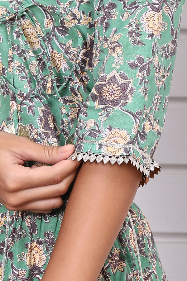 Green Floral Printed Lace Pure Cotton Straight Top, Skirt and Stole Set