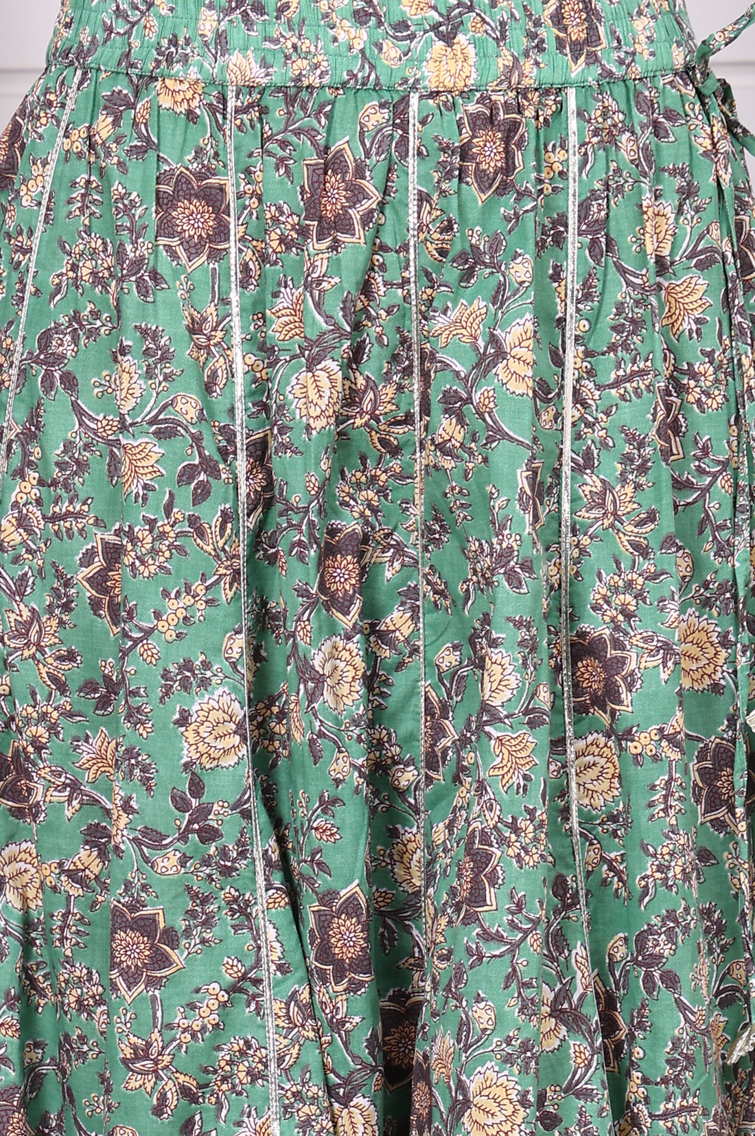 Green Floral Printed Lace Pure Cotton Straight Top, Skirt and Stole Set