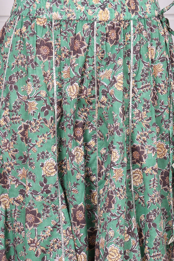 Green Floral Printed Lace Pure Cotton Straight Top, Skirt and Stole Set