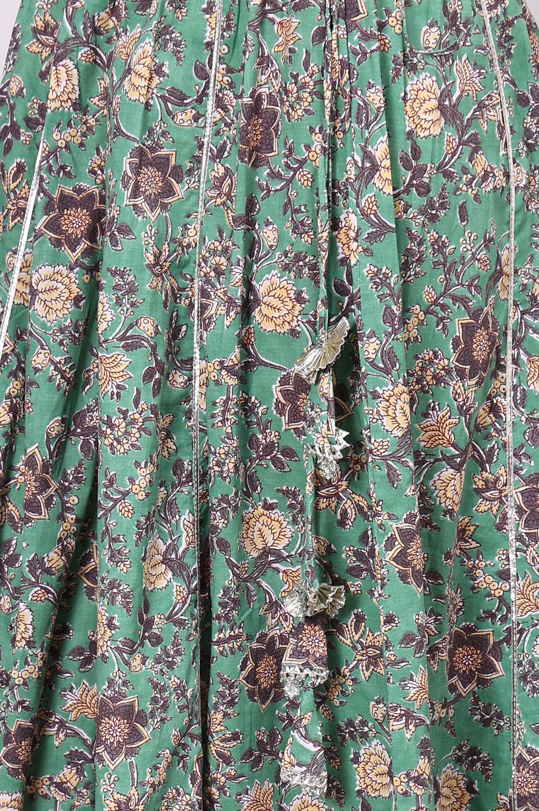 Green Floral Printed Lace Pure Cotton Straight Top, Skirt and Stole Set