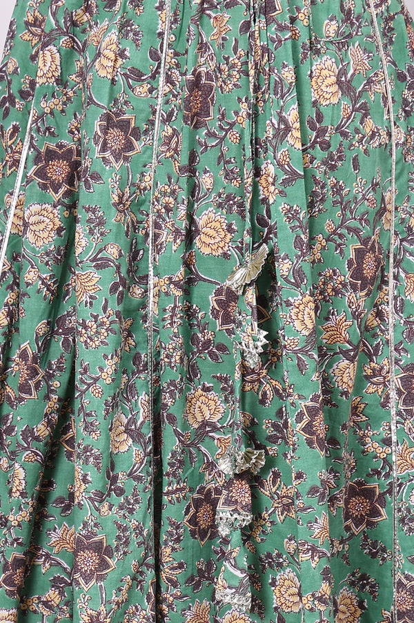 Green Floral Printed Lace Pure Cotton Straight Top, Skirt and Stole Set