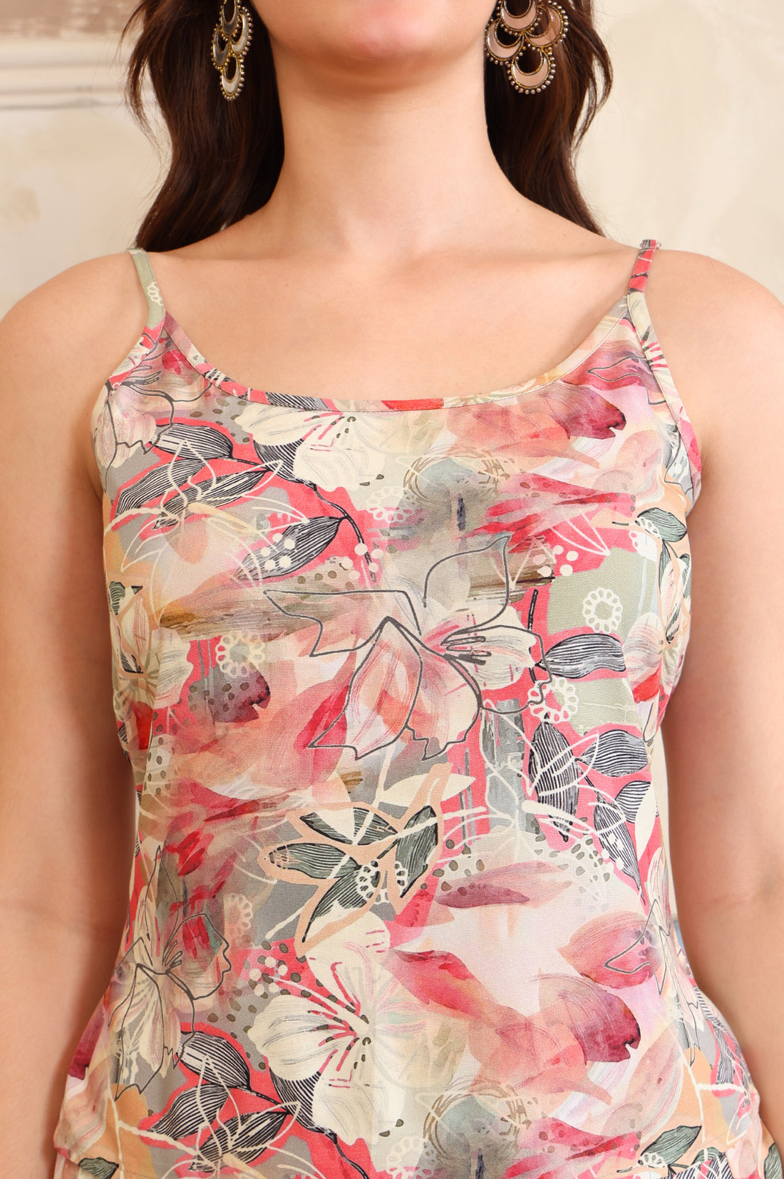 Pink Floral Printed Straight Spaghetti Top and Palazzo Co-Ord Set