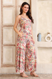 Pink Floral Printed Straight Spaghetti Top and Palazzo Co-Ord Set
