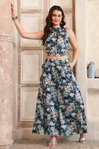 Navy Blue Floral Printed Halter Neck Top and Palazzo Co-Ord Set