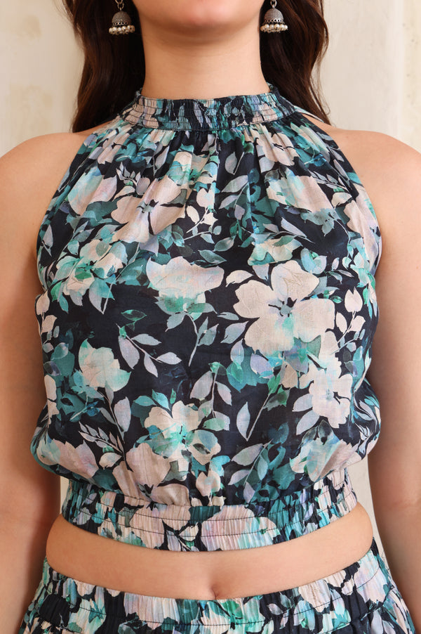 Navy Blue Floral Printed Halter Neck Top and Palazzo Co-Ord Set