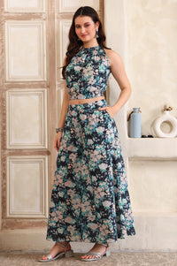 Navy Blue Floral Printed Halter Neck Top and Palazzo Co-Ord Set