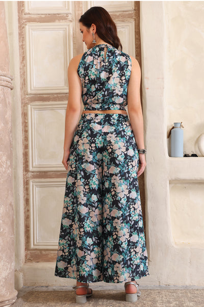 Navy Blue Floral Printed Halter Neck Top and Palazzo Co-Ord Set