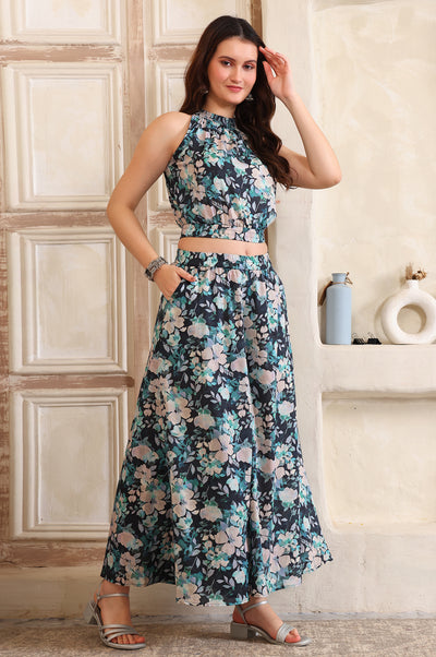Navy Blue Floral Printed Halter Neck Top and Palazzo Co-Ord Set