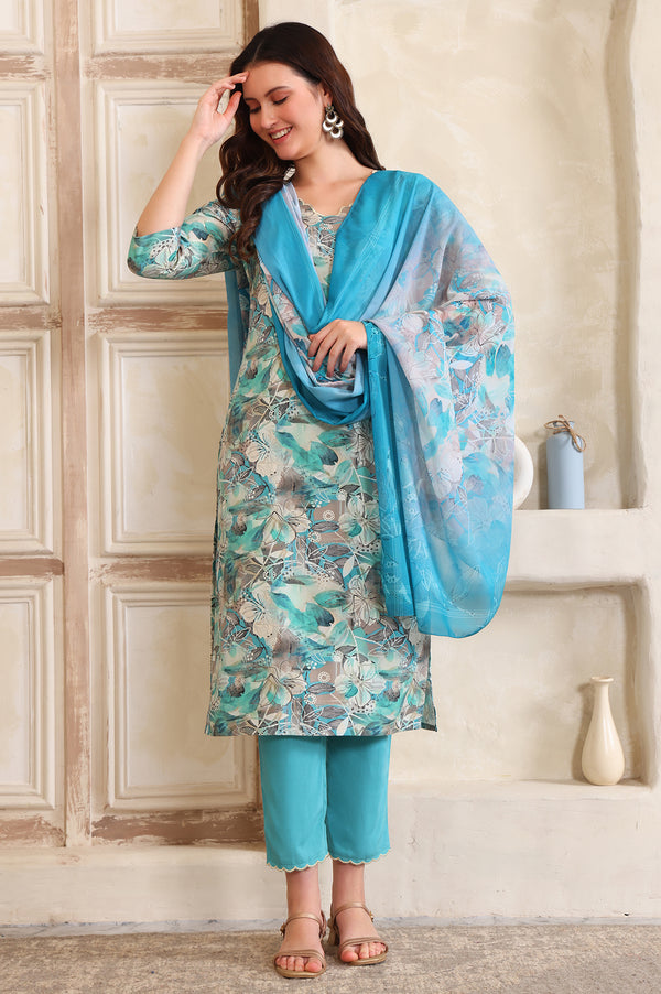 Blue Digital Printed Thread Embroidered Straight Modal Kurta, Palazzo and Dupatta Set