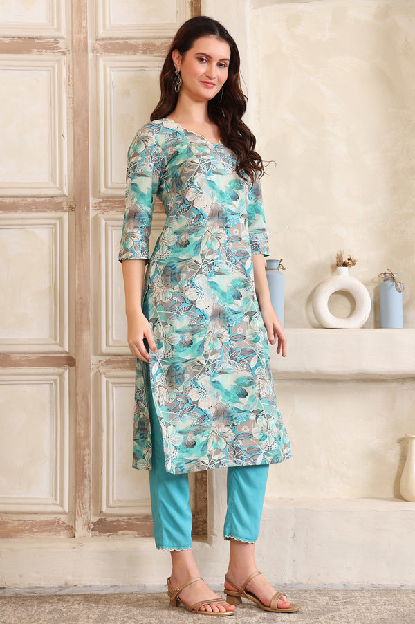 Blue Digital Printed Thread Embroidered Straight Modal Kurta, Palazzo and Dupatta Set