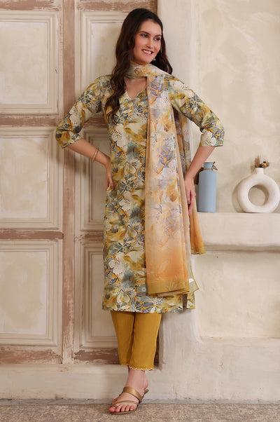 Yellow Floral Printed Thread Embroidered Straight Modal Kurta, Palazzo and Dupatta Set