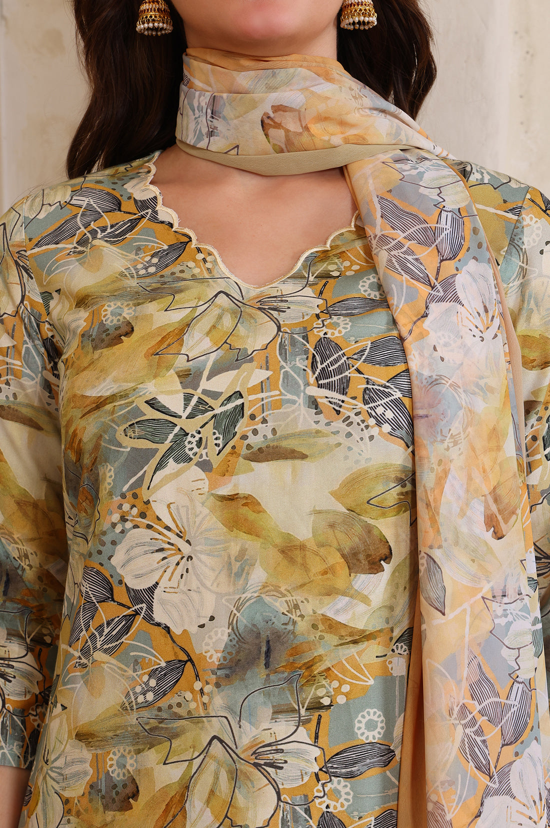 Yellow Floral Printed Thread Embroidered Straight Modal Kurta, Palazzo and Dupatta Set