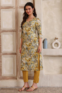 Yellow Floral Printed Thread Embroidered Straight Modal Kurta, Palazzo and Dupatta Set