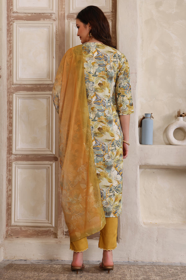 Yellow Floral Printed Thread Embroidered Straight Modal Kurta, Palazzo and Dupatta Set