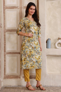 Yellow Floral Printed Thread Embroidered Straight Modal Kurta, Palazzo and Dupatta Set