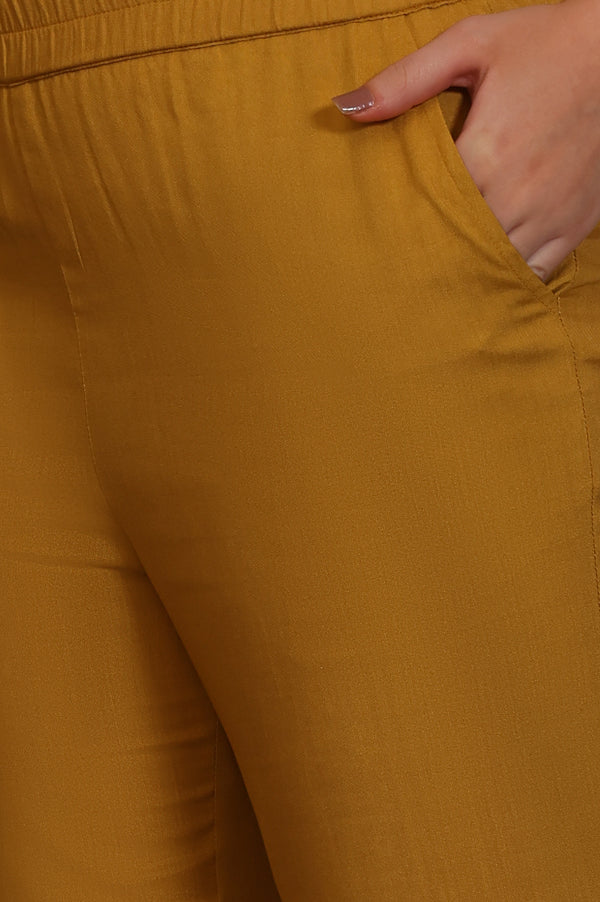 Yellow Floral Printed Thread Embroidered Straight Modal Kurta, Palazzo and Dupatta Set