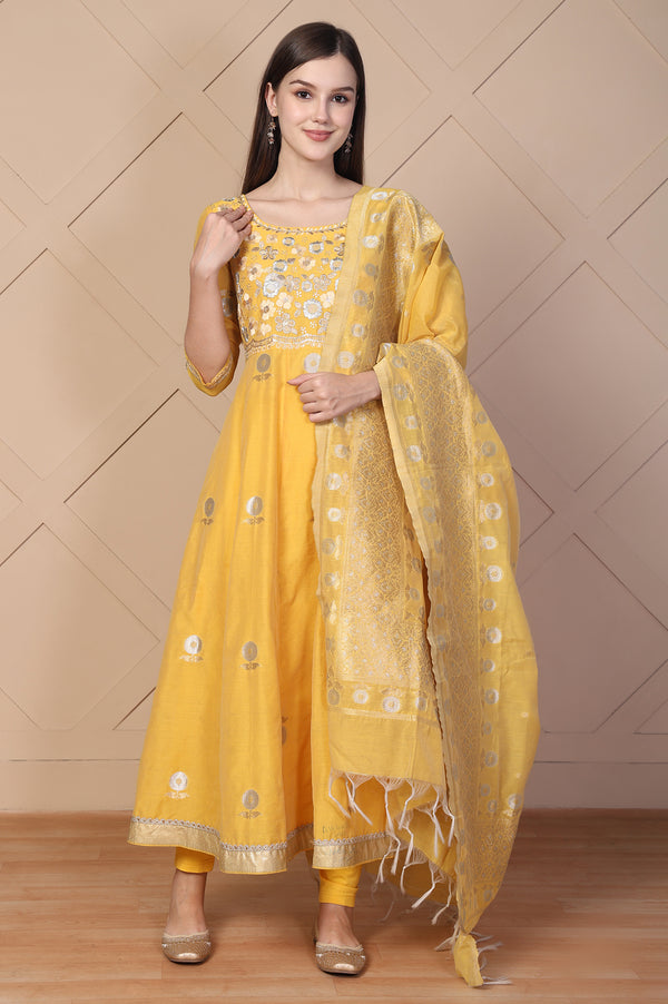 Yellow Embroidered Anarkali Jacquard Kurta with Tights and Dupatta Set