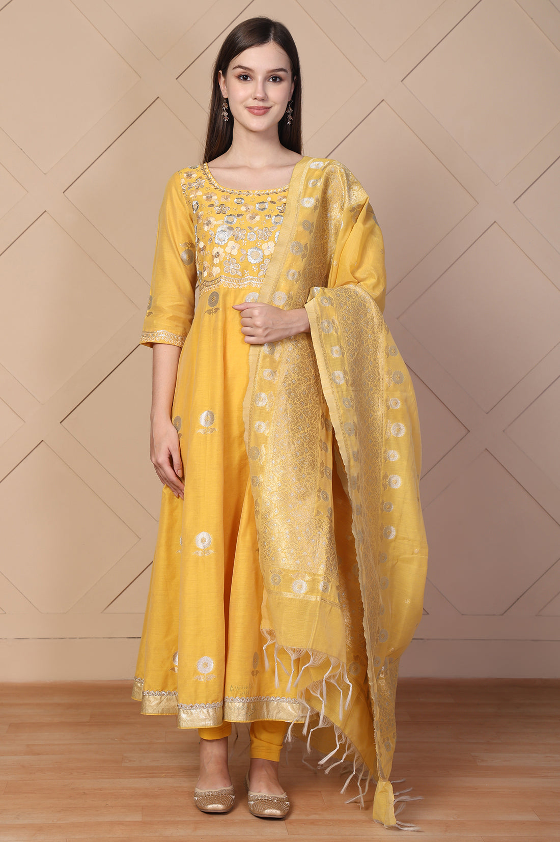 Yellow Embroidered Anarkali Jacquard Kurta with Tights and Dupatta Set