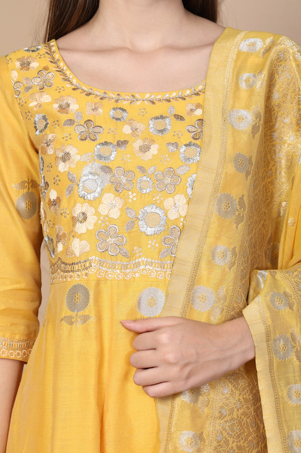 Yellow Embroidered Anarkali Jacquard Kurta with Tights and Dupatta Set