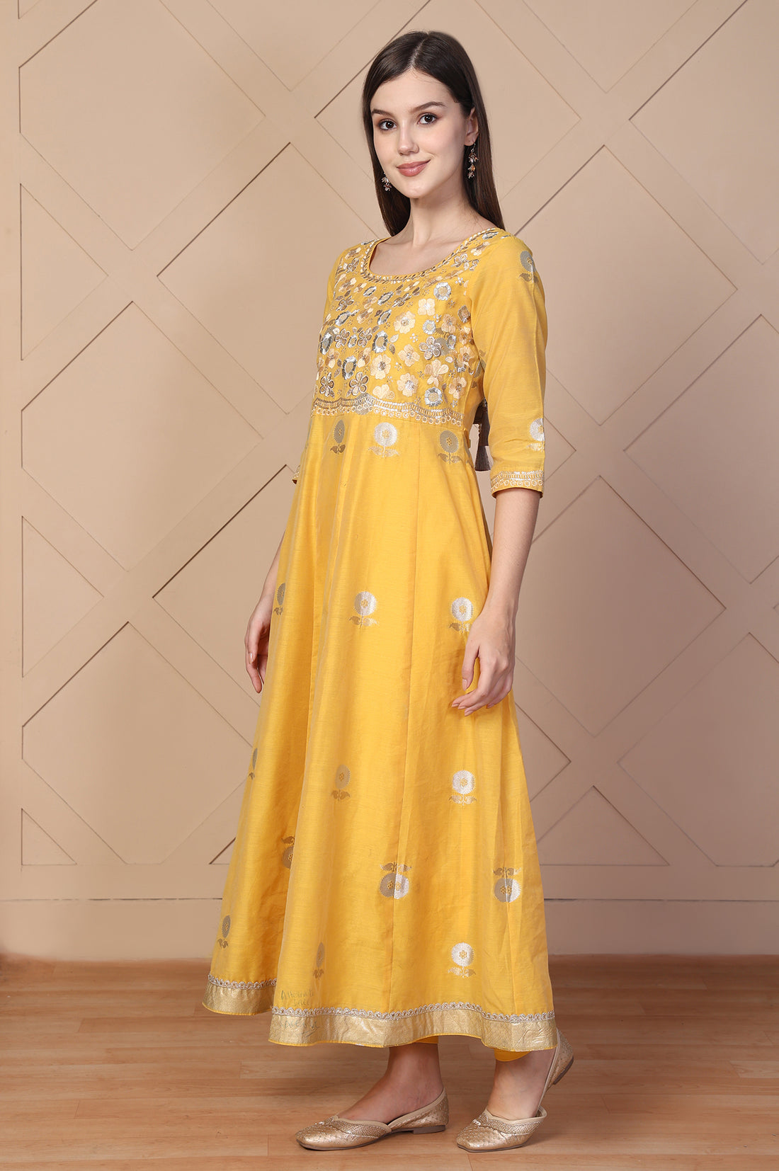 Yellow Embroidered Anarkali Jacquard Kurta with Tights and Dupatta Set