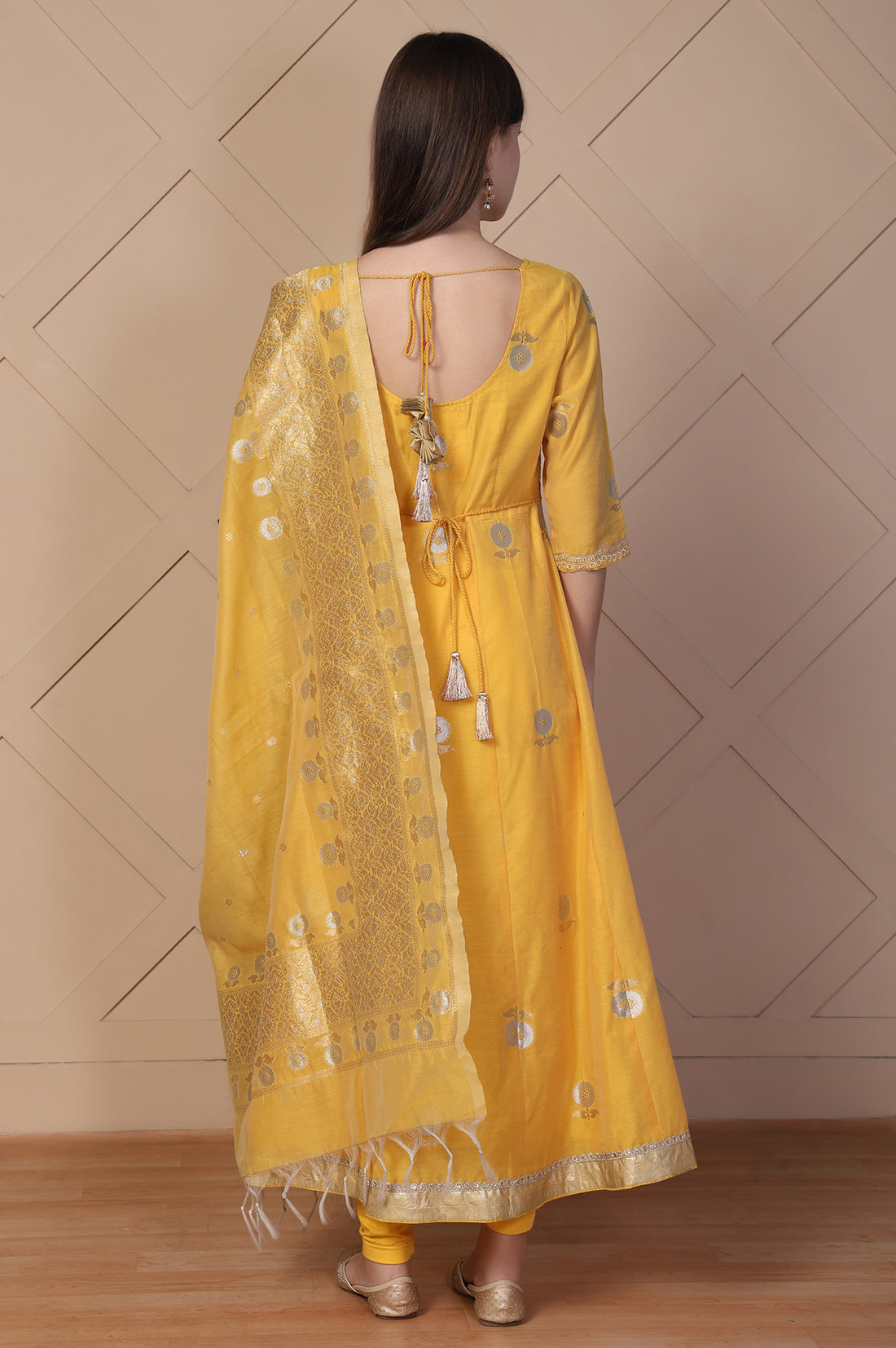 Yellow Embroidered Anarkali Jacquard Kurta with Tights and Dupatta Set