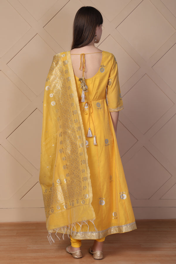 Yellow Embroidered Anarkali Jacquard Kurta with Tights and Dupatta Set