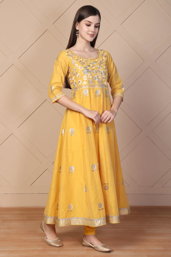 Yellow Embroidered Anarkali Jacquard Kurta with Tights and Dupatta Set