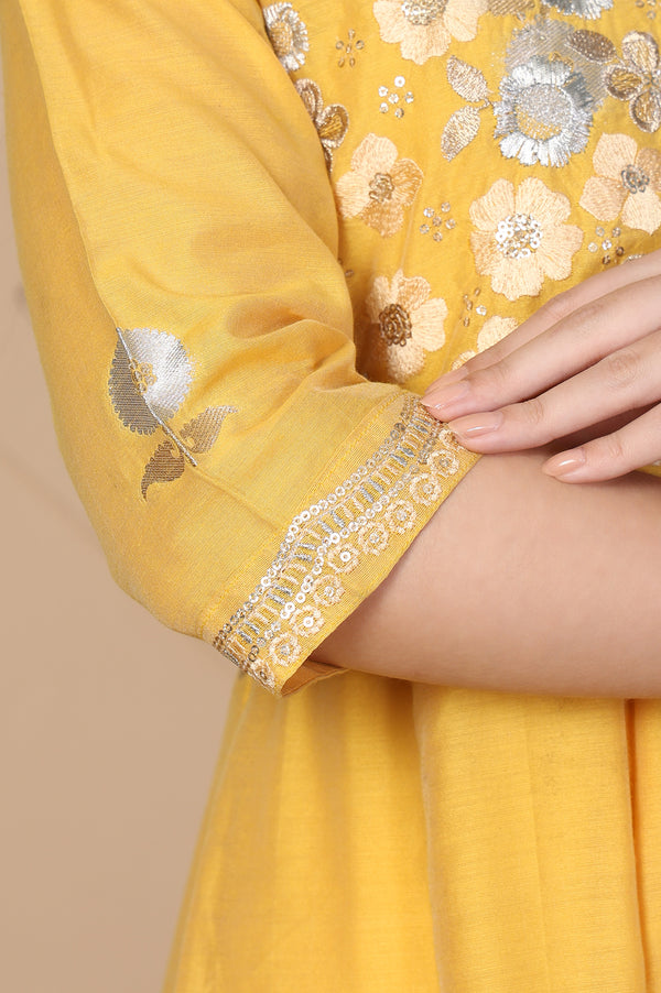 Yellow Embroidered Anarkali Jacquard Kurta with Tights and Dupatta Set