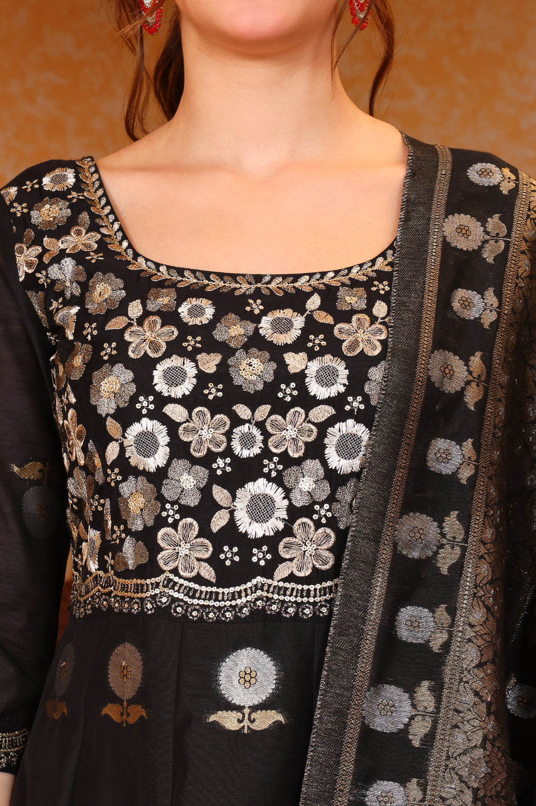 Black Metallic Embroidered Anarkali Jacquard Kurta, Tight and Dupatta Set