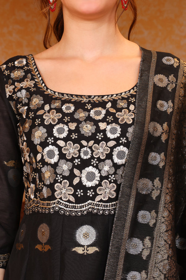 Black Metallic Embroidered Anarkali Jacquard Kurta, Tight and Dupatta Set