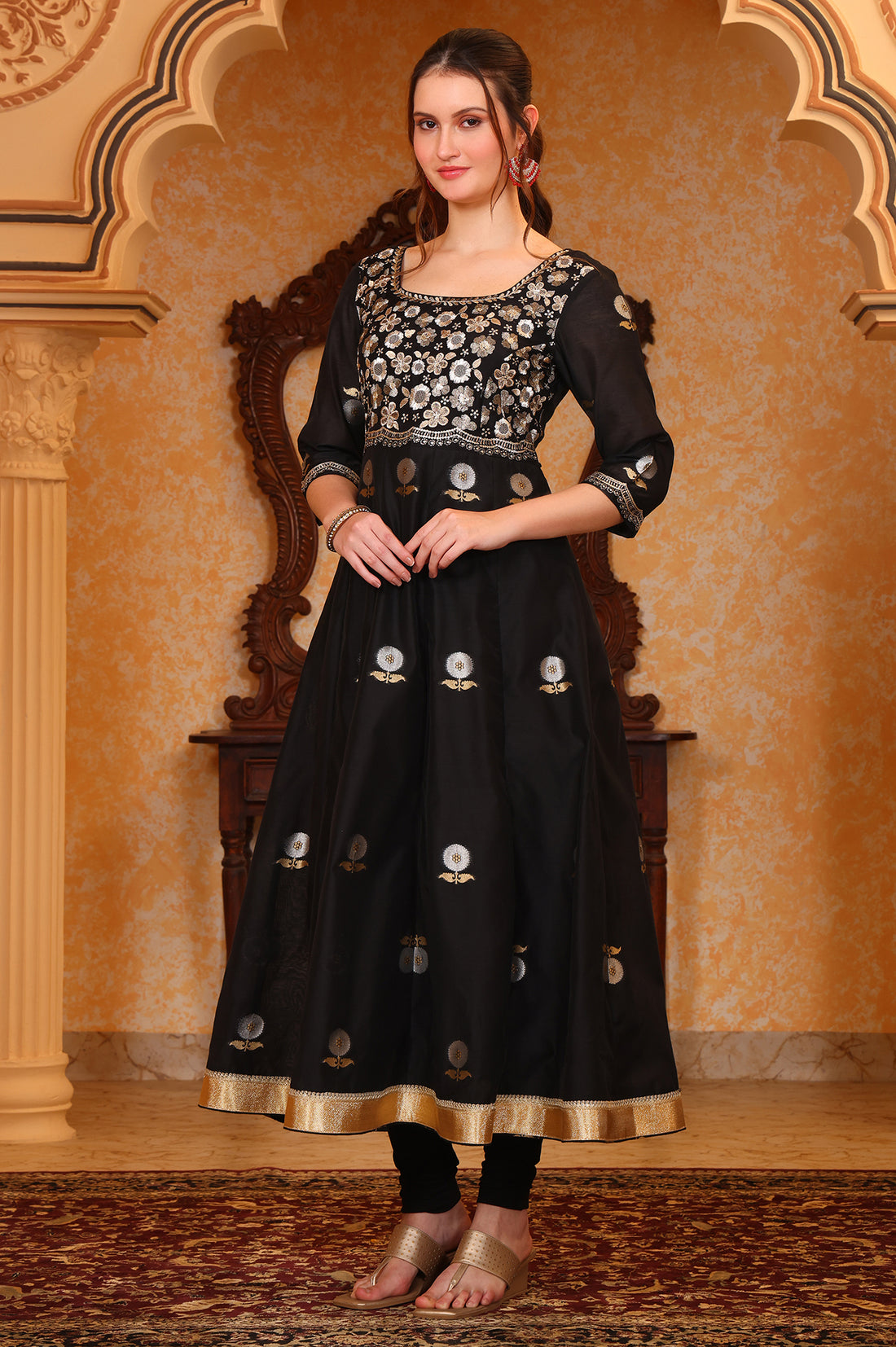 Black Metallic Embroidered Anarkali Jacquard Kurta, Tight and Dupatta Set