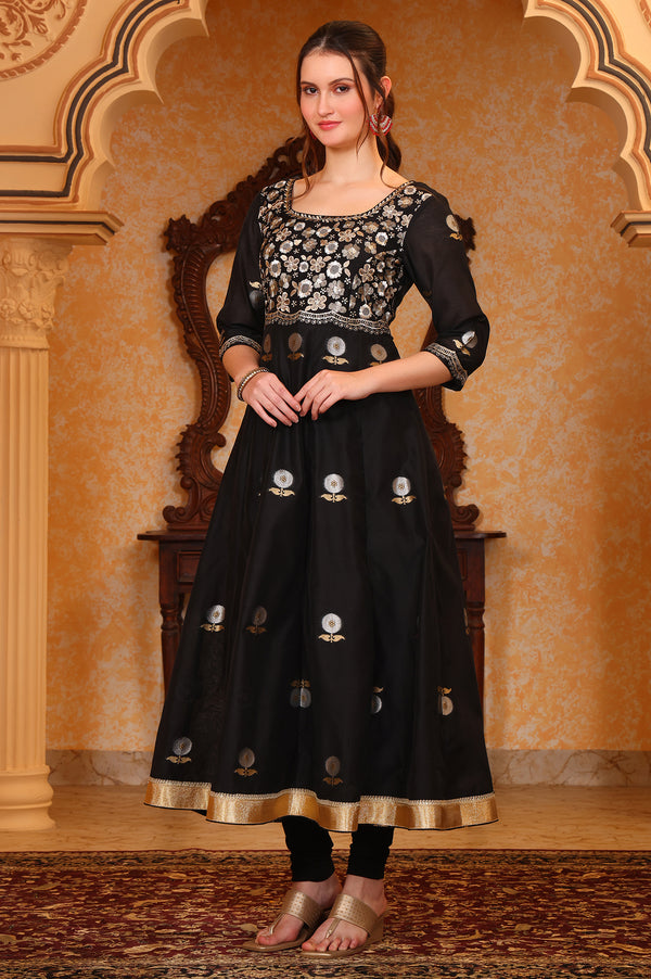 Black Metallic Embroidered Anarkali Jacquard Kurta, Tight and Dupatta Set
