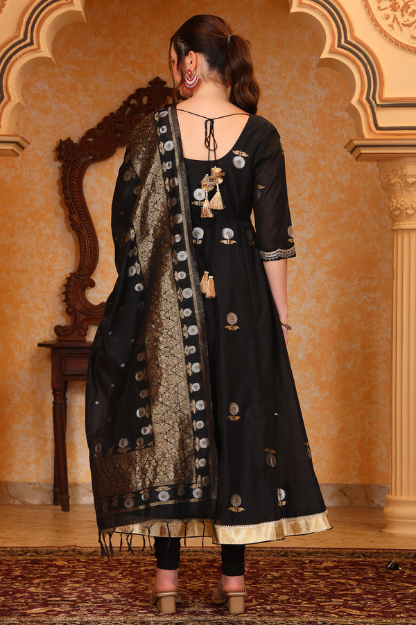 Black Metallic Embroidered Anarkali Jacquard Kurta, Tight and Dupatta Set