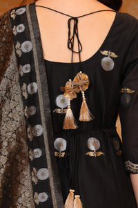 Black Metallic Embroidered Anarkali Jacquard Kurta, Tight and Dupatta Set