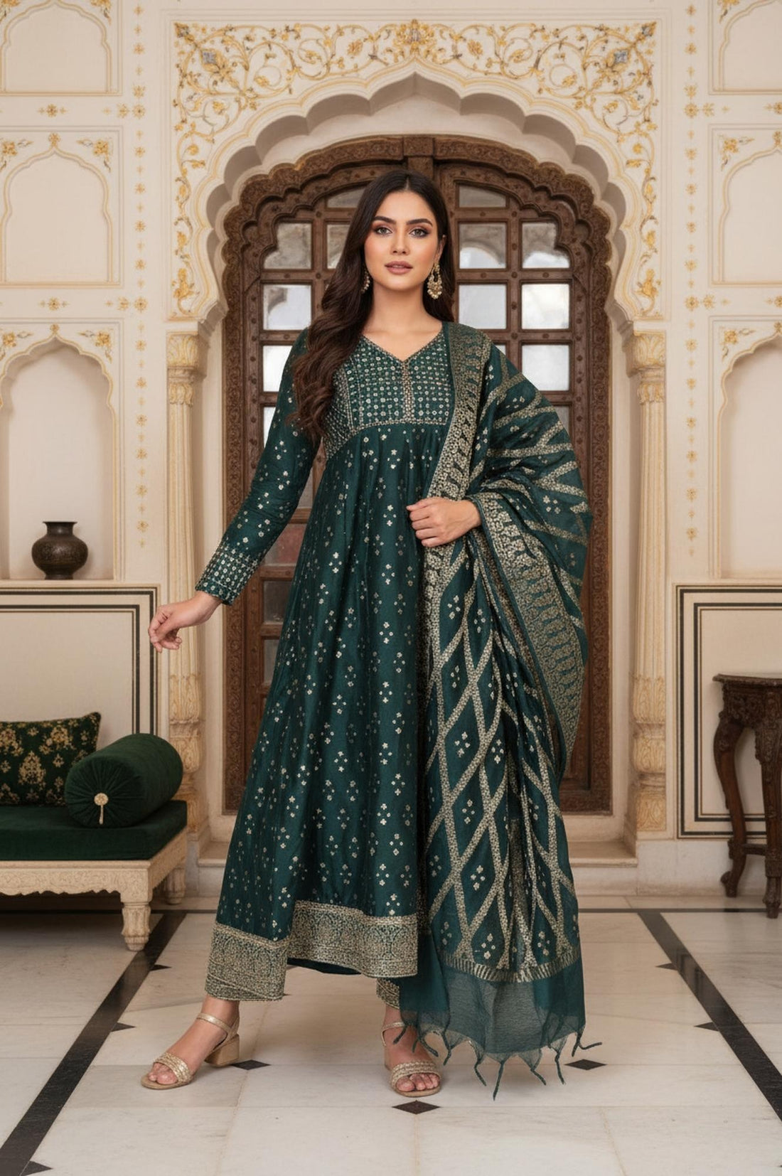 Green Embroidered Anarkali Chanderi Jacquard Kurta with Trouser and Dupatta Set