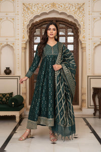 Green Embroidered Anarkali Chanderi Jacquard Kurta with Trouser and Dupatta Set