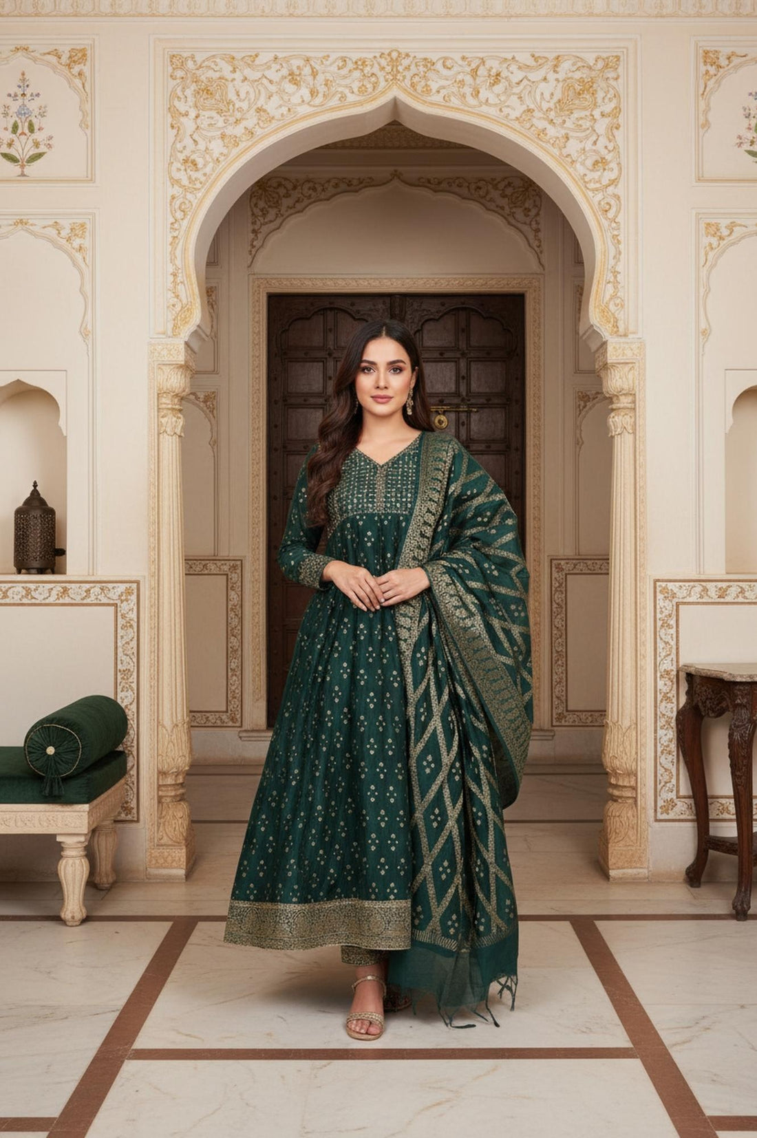 Green Embroidered Anarkali Chanderi Jacquard Kurta with Trouser and Dupatta Set