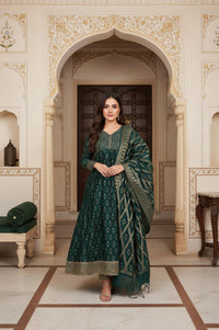 Green Embroidered Anarkali Chanderi Jacquard Kurta with Trouser and Dupatta Set