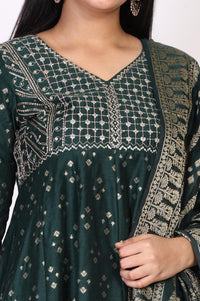 Green Embroidered Anarkali Chanderi Jacquard Kurta with Trouser and Dupatta Set
