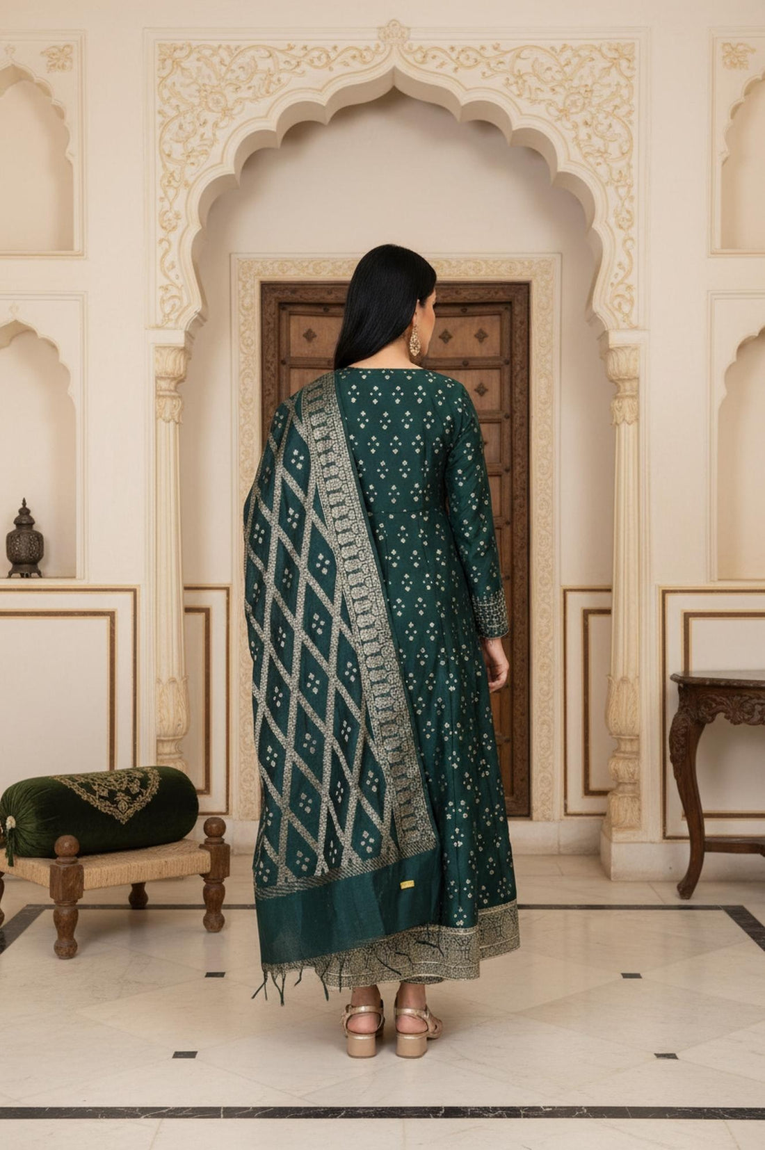 Green Embroidered Anarkali Chanderi Jacquard Kurta with Trouser and Dupatta Set