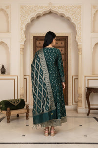 Green Embroidered Anarkali Chanderi Jacquard Kurta with Trouser and Dupatta Set