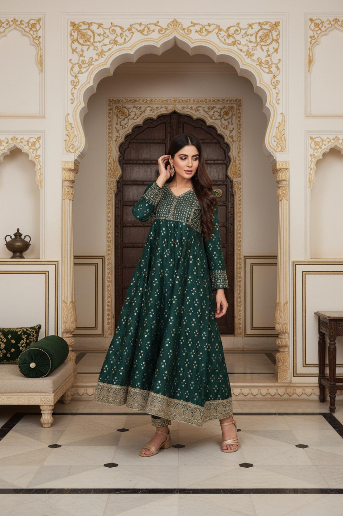 Green Embroidered Anarkali Chanderi Jacquard Kurta with Trouser and Dupatta Set