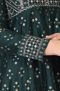 Green Embroidered Anarkali Chanderi Jacquard Kurta with Trouser and Dupatta Set