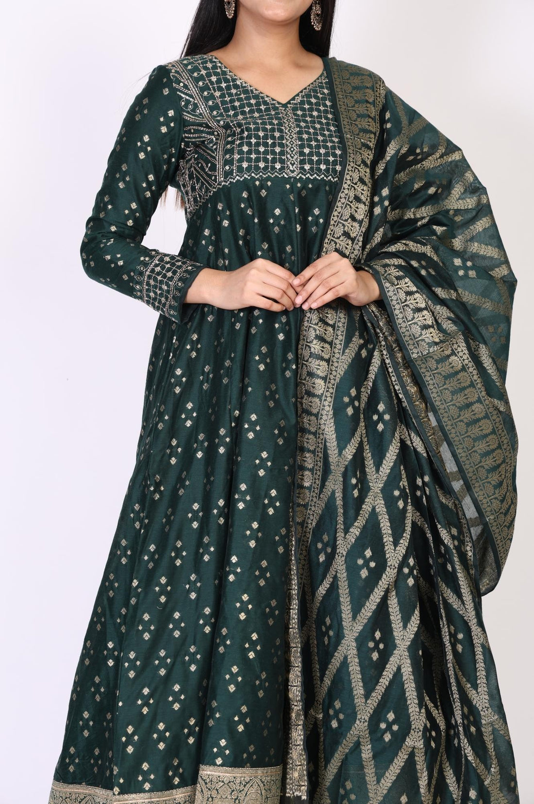 Green Embroidered Anarkali Chanderi Jacquard Kurta with Trouser and Dupatta Set