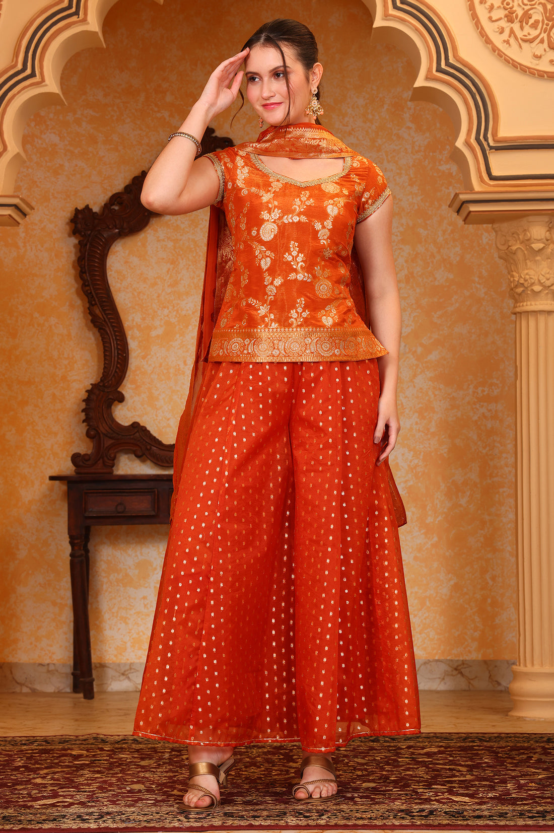 Orange Dyed Tape Embroidered Straight Kurta, Palazzo and Dupatta Set