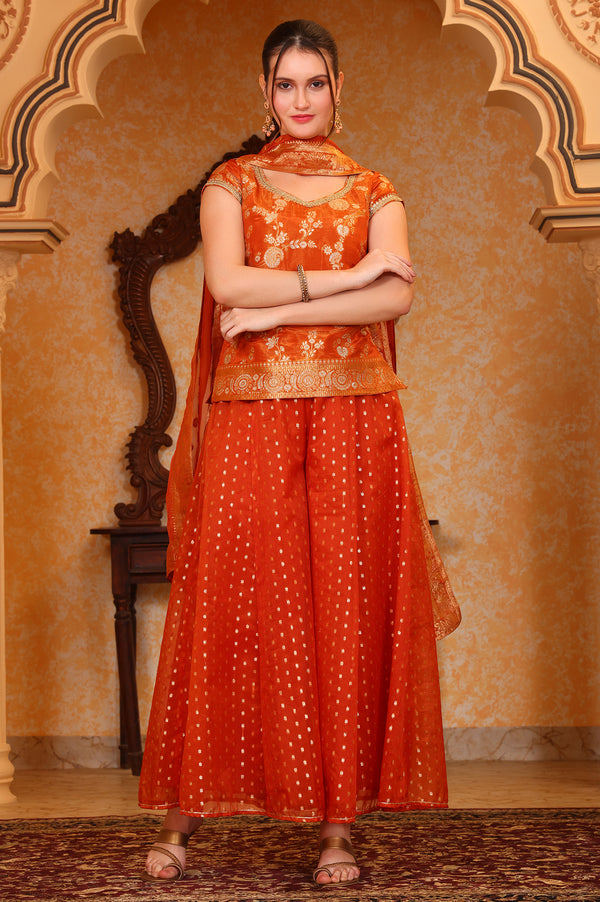 Orange Dyed Tape Embroidered Straight Kurta, Palazzo and Dupatta Set
